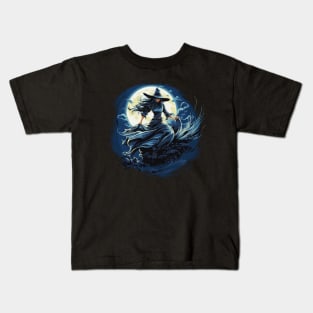 Blue Witch on a Dark Halloween Night Kids T-Shirt